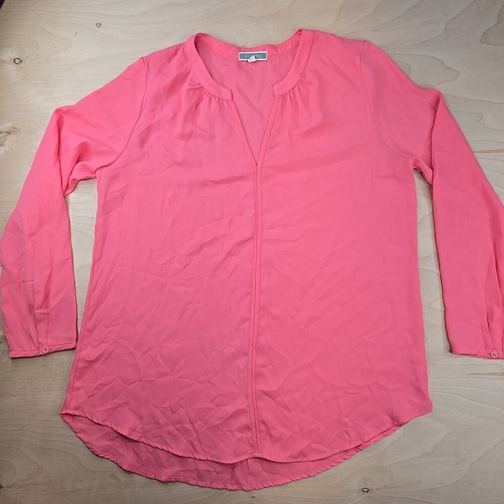Pleione Size M Pink Chiffon Long Sleeve V-Neck Blouse Shirt Medium